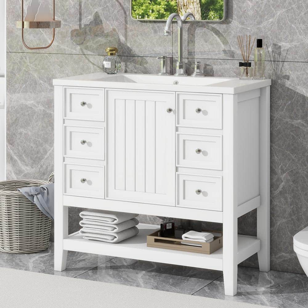 36" White MDF and Ceramic Single Sink Bathroom Vanity with Drawers