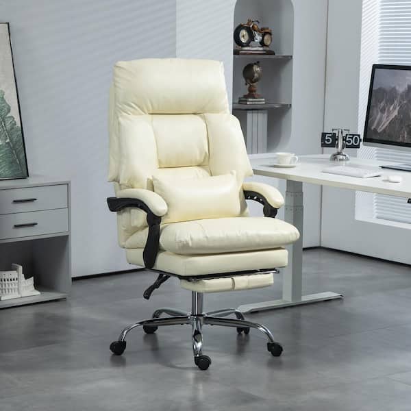 HOMCOM Executive Office Chair, High Back PU Leather Swivel Desk Chair with Foot Rest, Thick Padded in Cream White