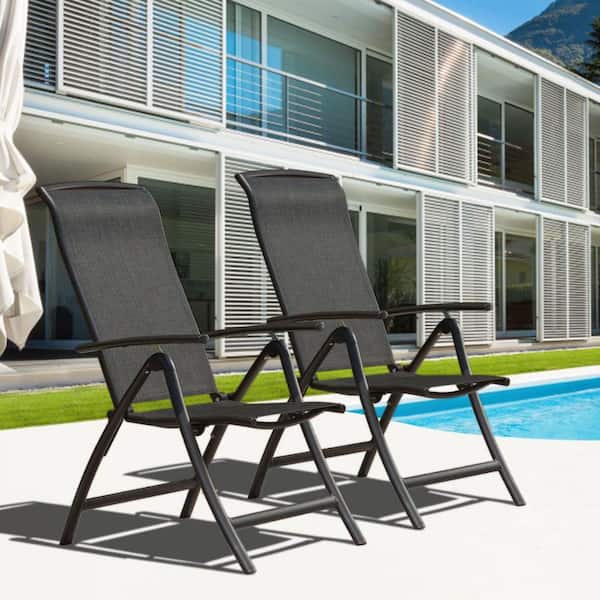 Set of 2 Aluminum Frame Outdoor Reclining Sling Chairs-Folding Patio Lawn Dining Chairs, Breathable Textilene
