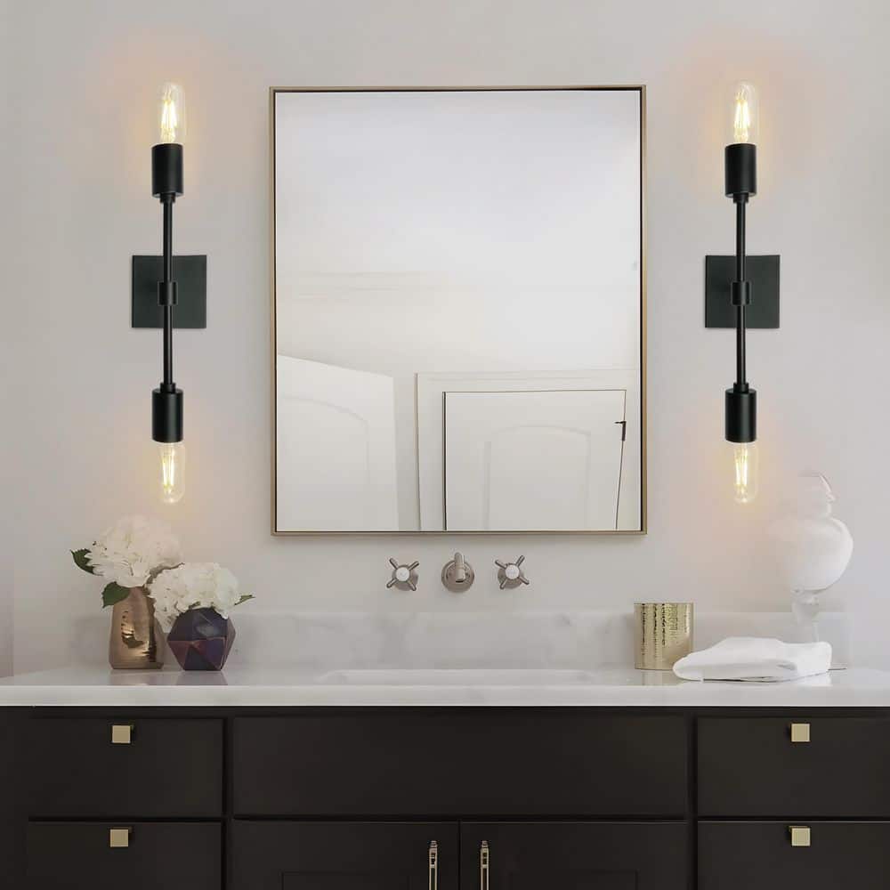 TinHon 15 in. Modern 2-Light Black Wall Sconce Set (2-Pack) with