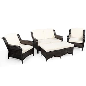 5-Pieces Wicker Outdoor Sectional Set Patio Conversation Set Loveseat Sofa Ottoman with White Cushions