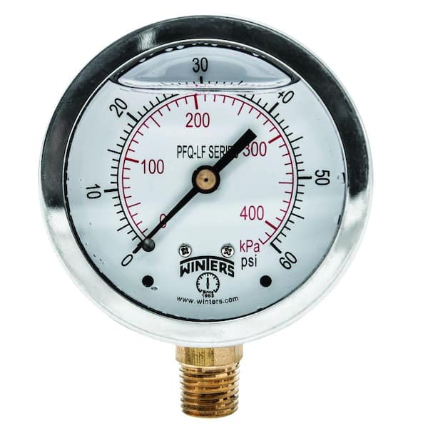 Winters Instruments PFQ-LF 2.5 in. Lead-Free Brass Stainless Steel Liquid Filled Pressure Gauge with 1/4 in. NPT BTM and 0-60 psi/kPa