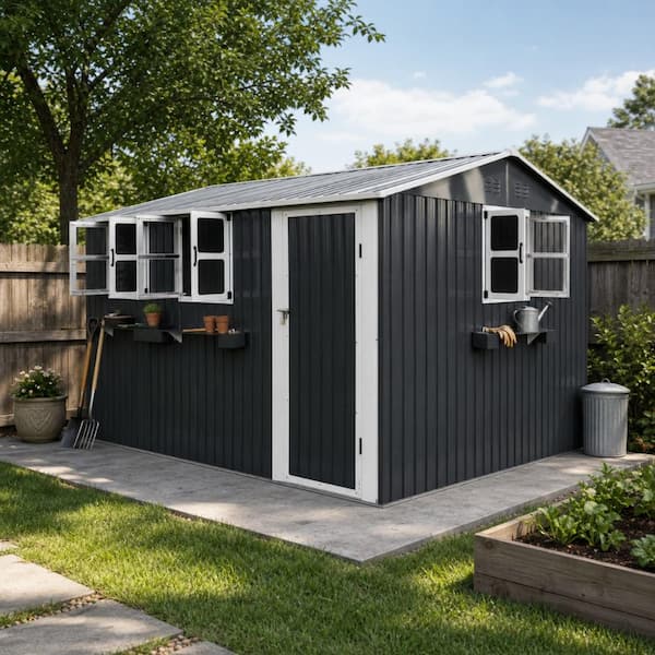 12 ft. W x 10 ft. D Outdoor Metal Shed with 3 Clear Windows and Decorative Flower Rack in Coal Gray  (120 sq. ft.)