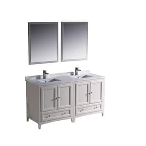 Oxford 60 in. Double Vanity in Antique White with Ceramic Vanity Top in White with White Basins and Mirror