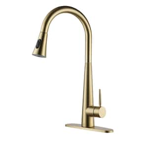 Single Handle Pull Down Sprayer Kitchen Faucet with Three-function Pull Out Sprayer Head in Brushed Gold