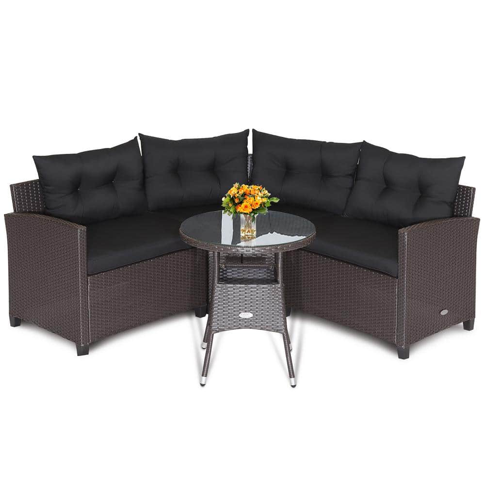 Costway 4Piece Patio Rattan Furniture Set Cushioned Sofa Glass Table