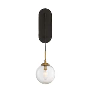 Fulton 5.5 in. W x 24.5 in. H 1-Light English Bronze and Warm Brass Accents Wall Sconce with Clear Glass Globe Shade
