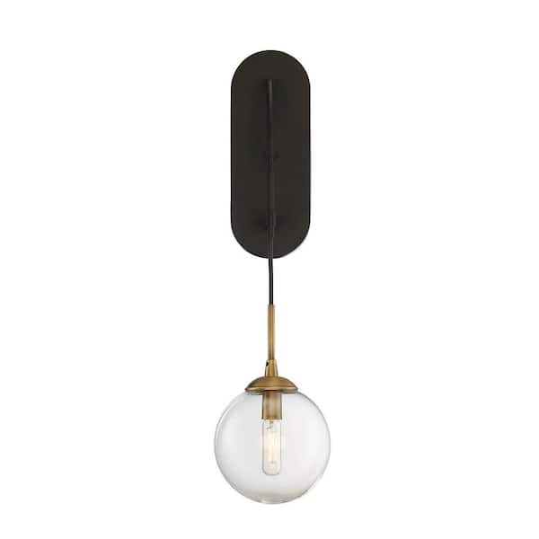 Savoy House Fulton 5.5 in. W x 24.5 in. H 1-Light English Bronze and Warm Brass Accents Wall Sconce with Clear Glass Globe Shade