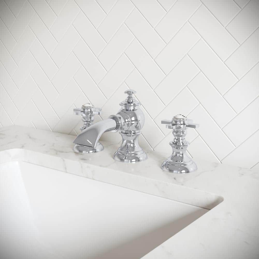 Chrome Cross Handle Widespread Bathroom Faucet with Drain Assembly