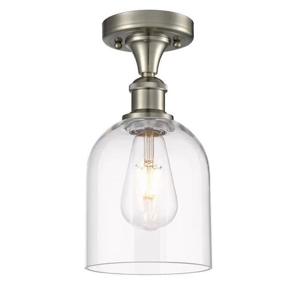 Bella 5.5 in. 1-Light Brushed Satin Nickel Industrial Semi-Flush Mount with Clear Glass Shade
