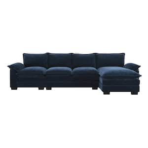 118 in. Square Arm Chenille L-shaped Sofa with Double Seat Cushions in. Dark Navy