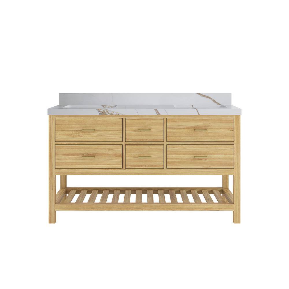 Parker Teak 60 in. Double Sink Freestanding Light Natural Bath Vanity with Calacatta Gold Quartz Top Unassembled price history on PriceWatchPro