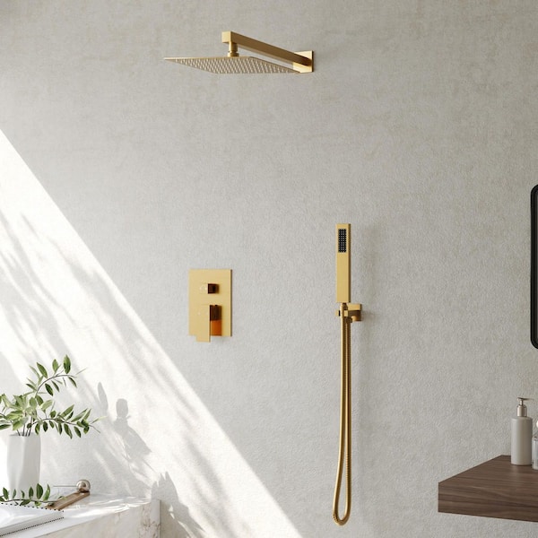 Single-Handle Rain 2-Spray Square 10 in. Dual Shower Head Fixed and Handheld Shower Head in Brushed Gold