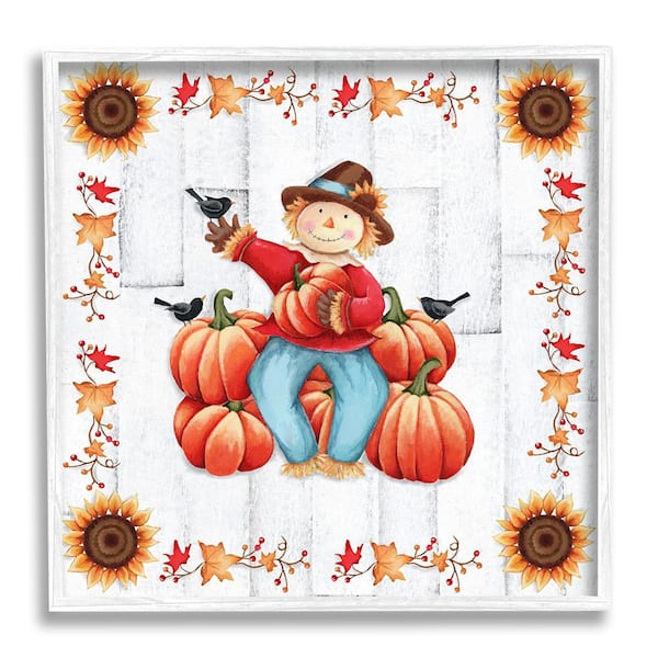 Stupell Industries Autumn Scarecrow and Pumpkins by Emma Leach 1-Piece Framed Graphic Print Nature Poster Art Print 24 in. x 24 in.