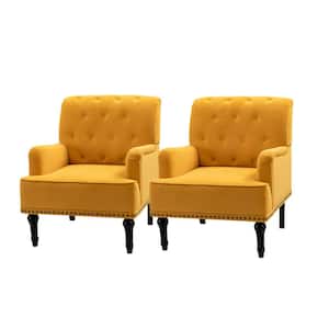 Enrica Mustard Tufted Comfy Velvet Armchair with Nailhead Trim and Rubberwood Legs (Set of 2)