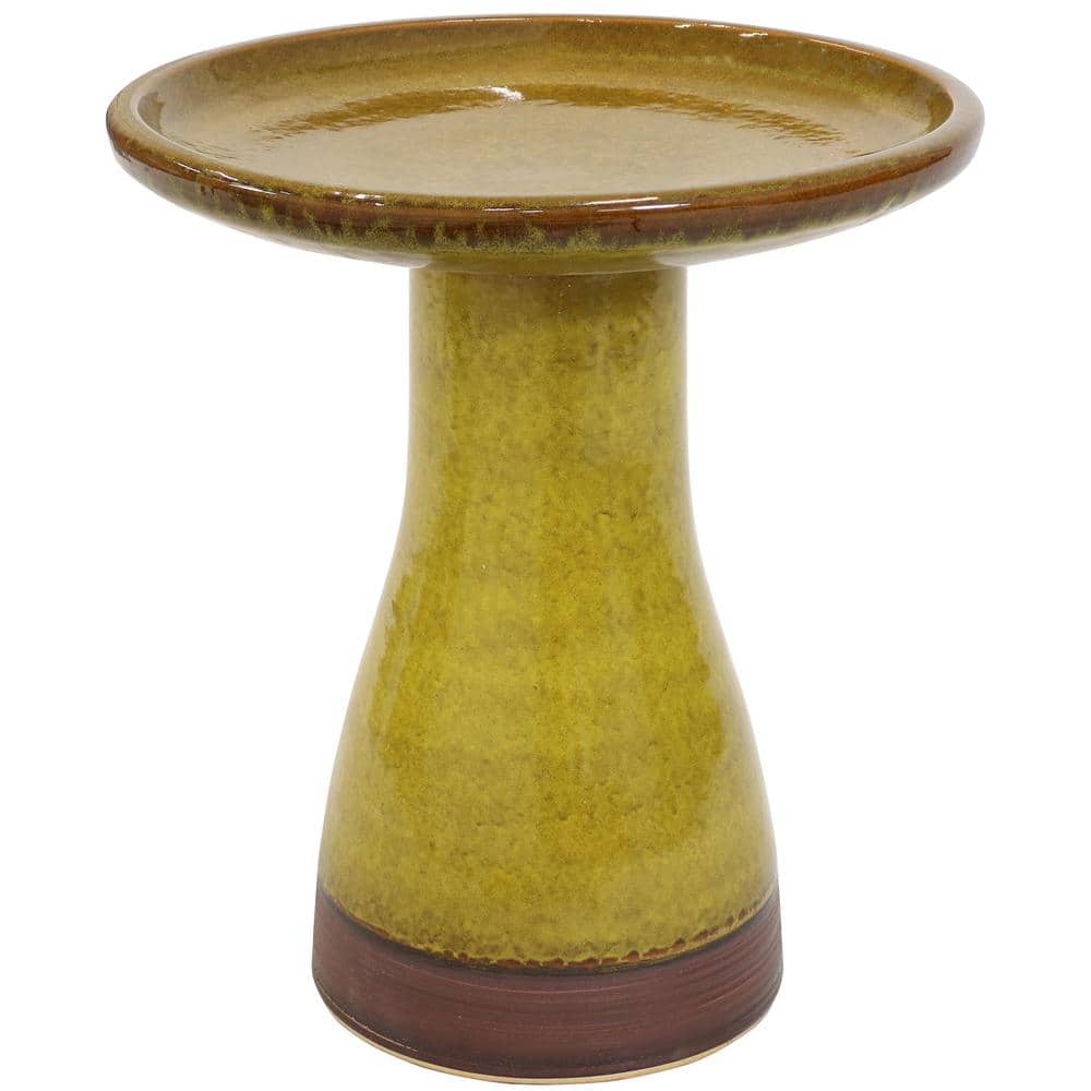 Cognac Yellow Ceramic Bird Bath with Ribbed Pedestal