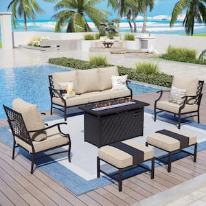 Black Metal Meshed 7 Seat 6-Piece Steel Outdoor Fire Pit Patio Set with Beige Cushions, Black Rectangular Fire Pit Table