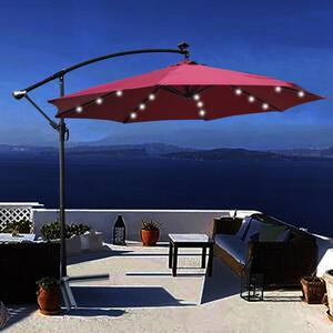 10 ft. Steel Cantilever Solar Patio Umbrella in Burgundy with 24 Solar LED Lights and Cross Base for Garden Lawn Pool
