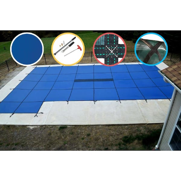 Water Warden 16 ft. x 32 ft. Rectangle Blue Solid In-Ground Safety Pool Cover Left Side Step, ASTM F1346 Certified