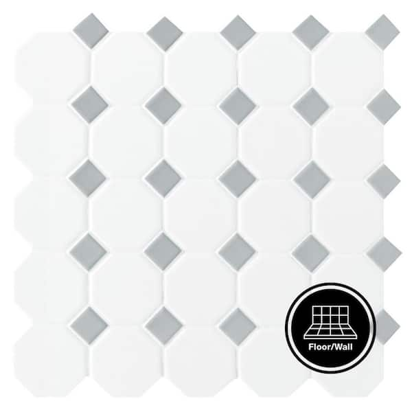 Daltile Octagon and Dot Matte White with Gray Dot 12 in. x 12 in. Glazed Ceramic Mosaic Tile (1 sq. ft./each)