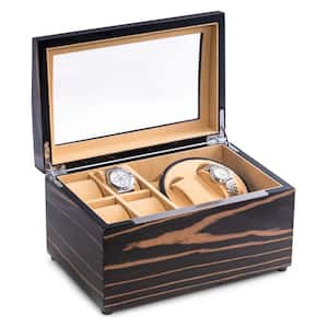 Lacquered "Ebony" Burl Wood 2-Watch Winder with Storage for 4-Watches