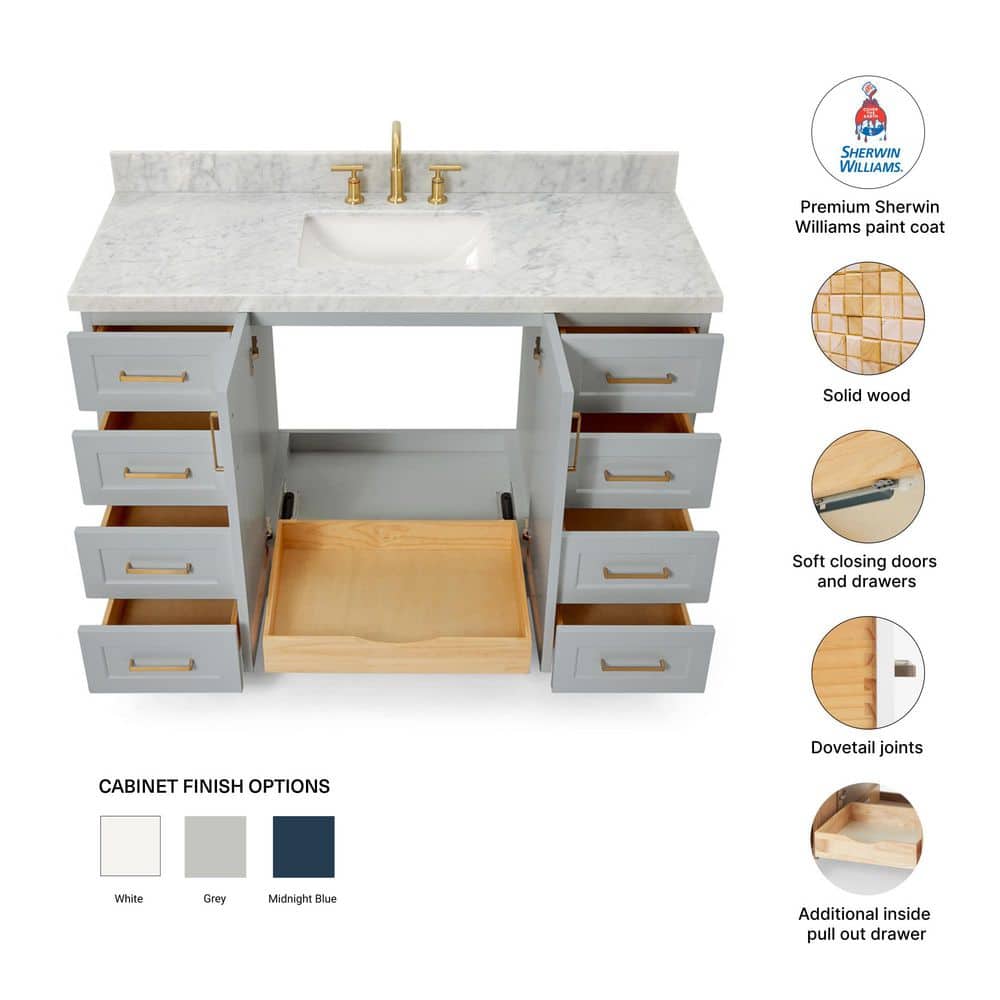 Taylor 55" Grey Wood Freestanding Single Basin Vanity with Marble Top