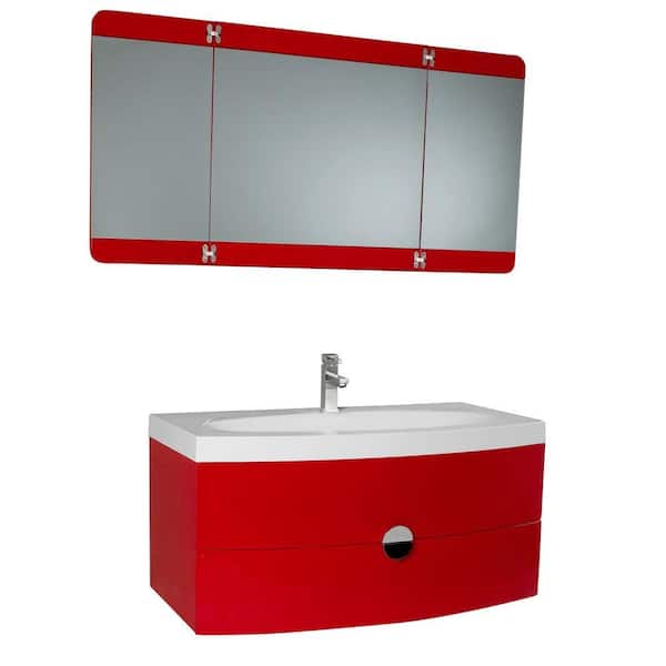 Fresca Energia 36 in. Vanity in Red with Acrylic Vanity Top in White and 3-Panel Folding Mirror