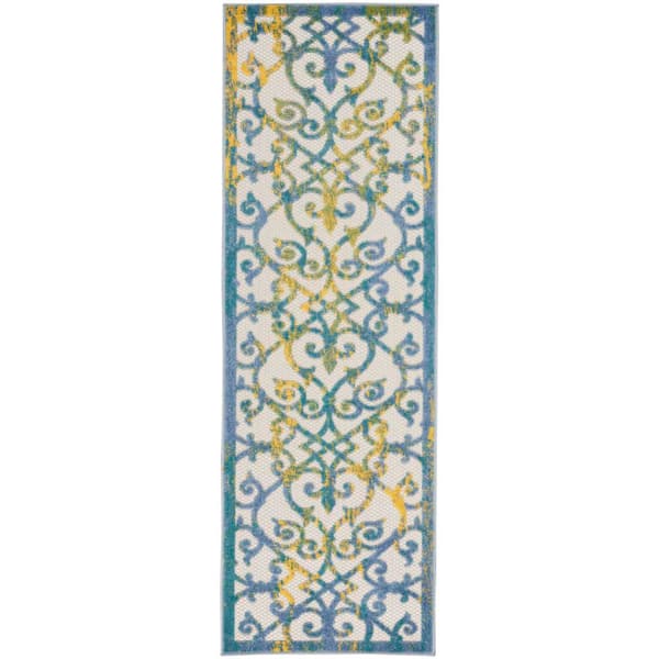 Nourison Aloha Ivory Blue 2 ft. x 8 ft. Kitchen Runner Floral Contemporary Indoor/Outdoor Patio Area Rug