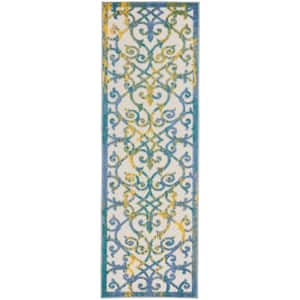 Aloha Ivory Blue 2 ft. x 8 ft. Kitchen Runner Floral Contemporary Indoor/Outdoor Patio Area Rug