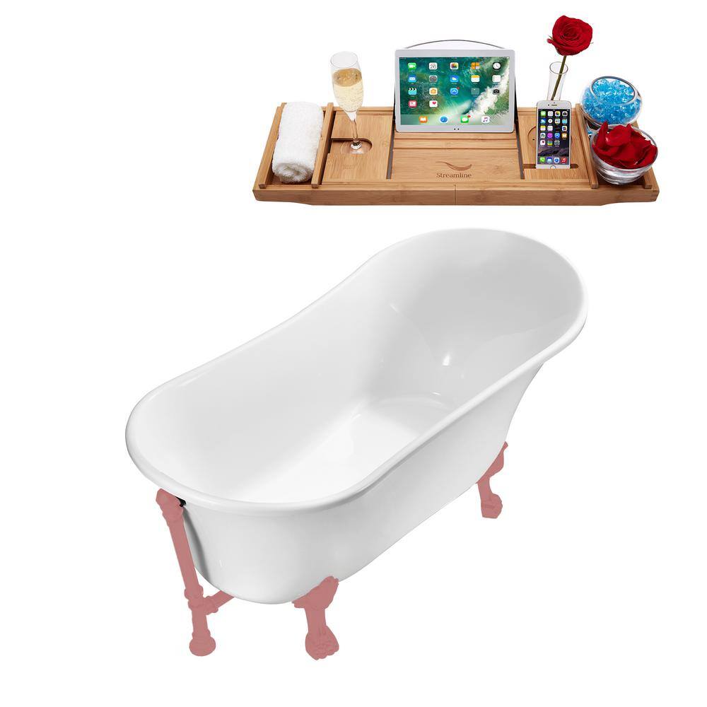 63'' White Acrylic Clawfoot Bathtub with Matte Pink Feet