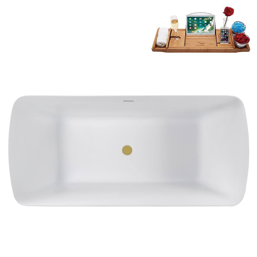 59" Glossy White Acrylic Freestanding Tub with Brushed Gold Trim