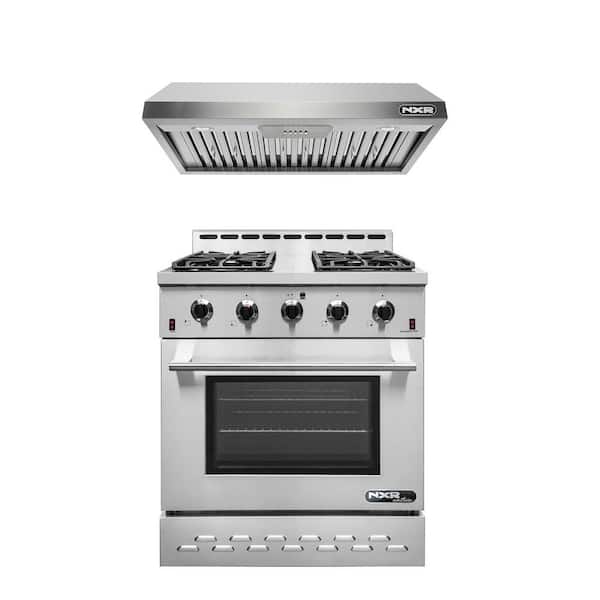 NXR Entree Bundle 30 in. 4.5 cu. ft. Pro-Style Gas Range with Convection Oven and Range Hood in Stainless Steel and Black