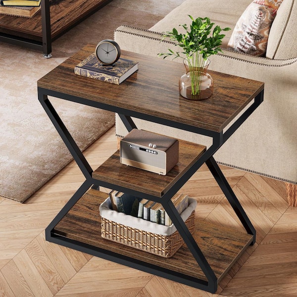 Kerlin 23.6 in. Rustic Brown Rectangle Wood End Table with Metal Frame, Small 3-Tier Sofa Table Wood Bedside Nightstand