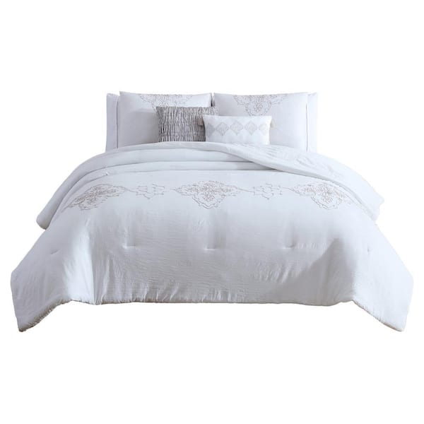 THE URBAN PORT Lynn 5- Piece White and Gray Solid Print Microfiber Queen Comforter Set