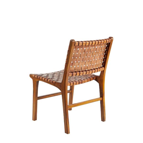 Grain Woven Leather Dining Chair, Leather Strapping Dining Chair Teak Tantra
