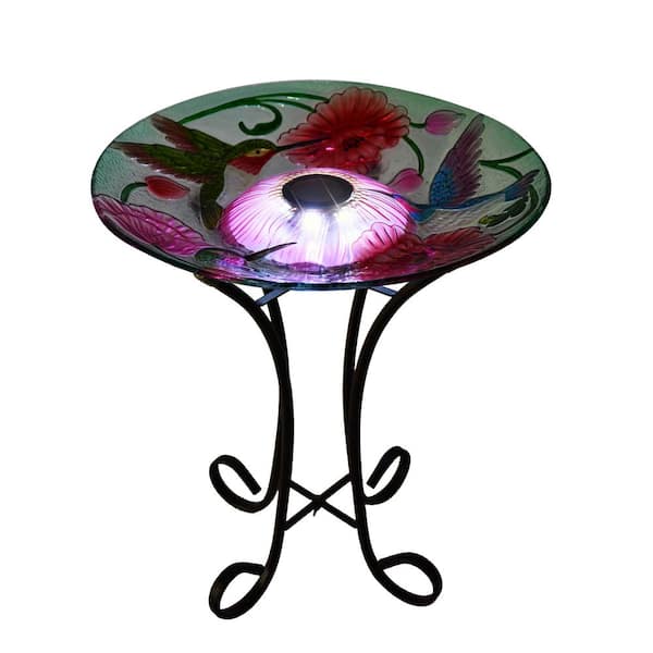 HI-LINE GIFT LTD. 18 in. Solar LED Floral Glass Bird Bath with Stand - Hummingbird & Poppies