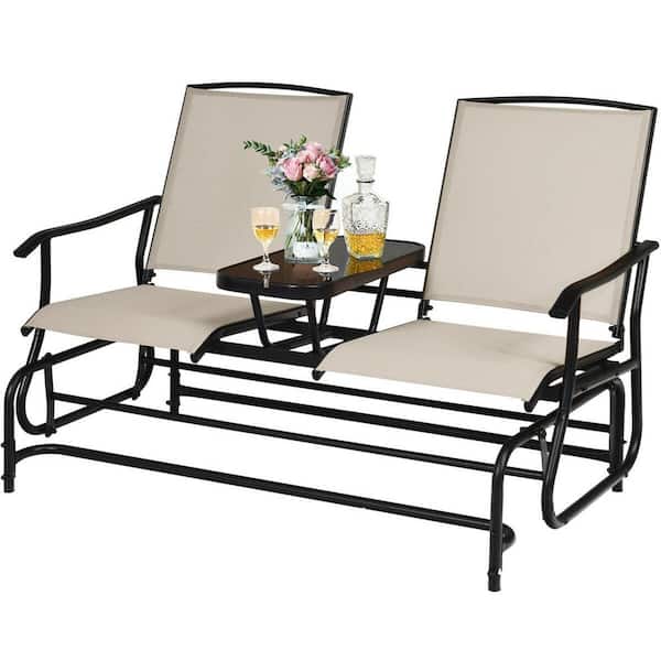 CASAINC Beige 2-Person Metal Double Rocking Outdoor Patio Loveseat