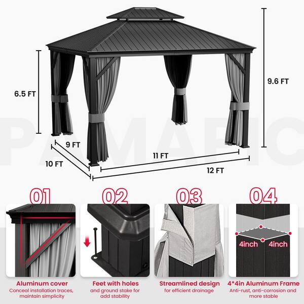 PamaPic 10 ft. x 12 ft. Black Metal Hardtop Gazebo with PamaPic 10 ft. x 12 ft. Black Metal Hardtop Gazebo with