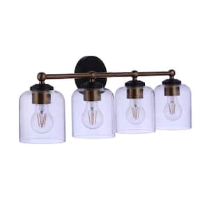 Coppa 25.5 in. 4-Light Flat Black/Satin Brass Finish Vanity Light with Clear Glass Shade