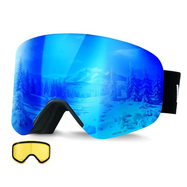 Magnetic Cylindrical Ski Goggles, Frameless Dark Blue Revo Lens OTG Anti-Fog Snow Goggles for Men, Ventilated Frame
