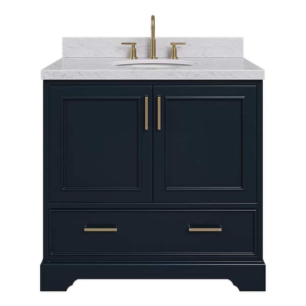 Stafford 36 in. W x 22 in. D x 36 in. H Single Sink Bath Vanity in Midnight Blue with Carrara White Marble Top