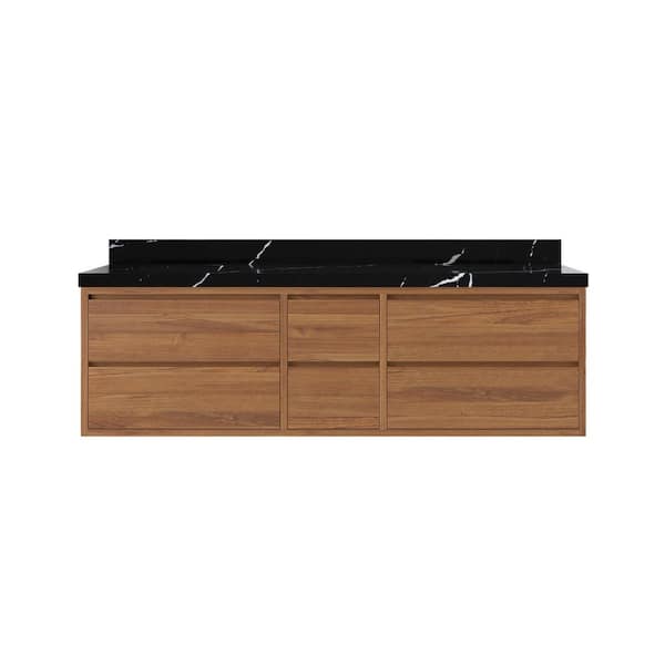 Willow Collections Madison Float 72 in. W x 22 in. D x 36 in. H Double Sink Bath Vanity in Dark Natural with 2" Calacatta Black Top