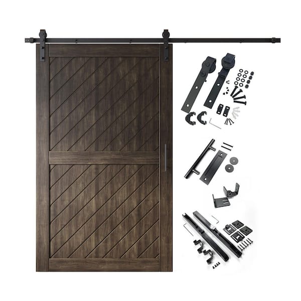 HOMACER XT1 42 in. x 80 in. C-Panel Ebony Slanted Stripe Design Solid Pine Wood Sliding Barn Door with Hardware Kit