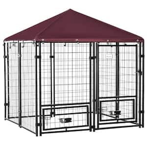 0.0005-Acre Black Steel In-Ground Dog Fence Dog Kennel House with Canopy and 2-Bowls