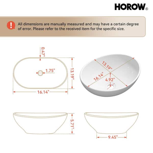 HOROW 15.75 in. White Oval Bathroom Ceramic Vessel Sink Art