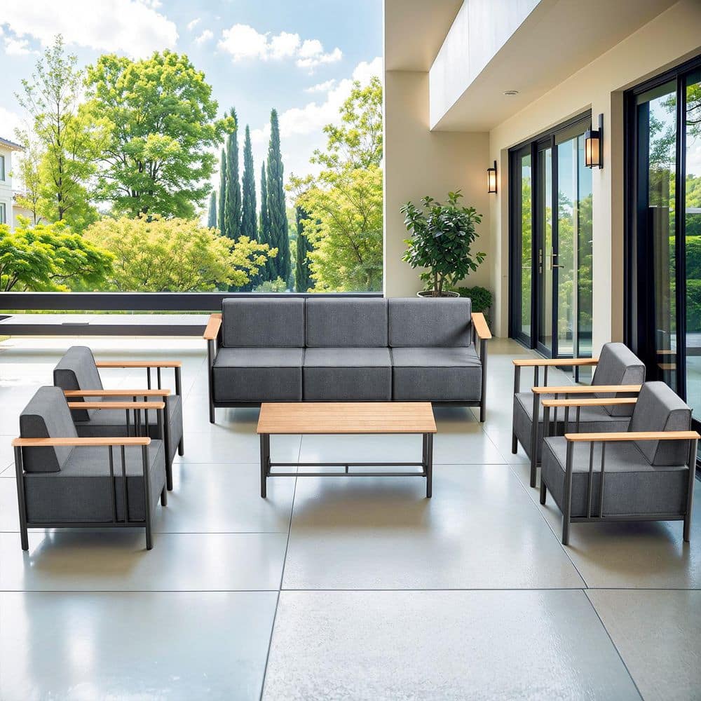 BoulderSeat Black Metal Patio Conversation Set with 6 In. Thick Olefin Dark Gray Cushions Patio Swivel Chairs (6-Piece) price history on PriceWatchPro