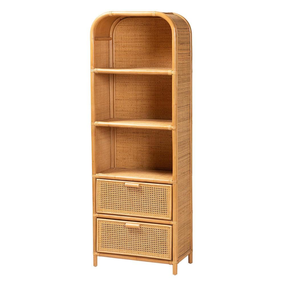Curacao Tall Light Honey Rattan and Wood Bookcase with Drawers