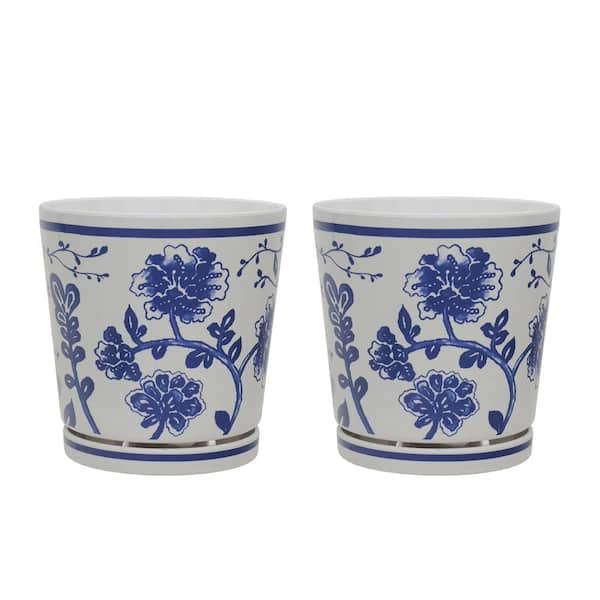 MPG 8.75 in. Dia Blue and White Floral Pattern Melamine Pot with In-Line Saucer (2-Pack)