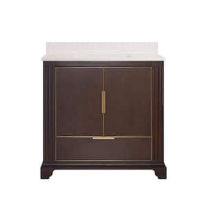 36 in. Solid Wood Freestanding Single Sink Bath Vanity with White Cultured Marble Top, Soft-Close Door, Oak