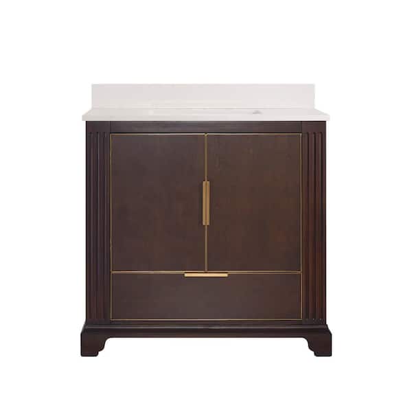 ANGELES HOME 36 in. W x 22 in. D x 35 in. H Solid Wood Single Sink Bath Vanity w/ White Quartz Top, Soft-close Door, Drawer, Esprasso